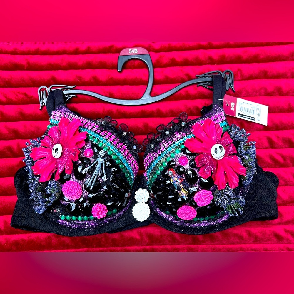 Embellished Black and Pink Bra